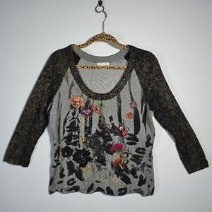 ALBERTO MAKALI Artsy Knit Top Woman XL Embellished Gray Black Sequined Sleeves